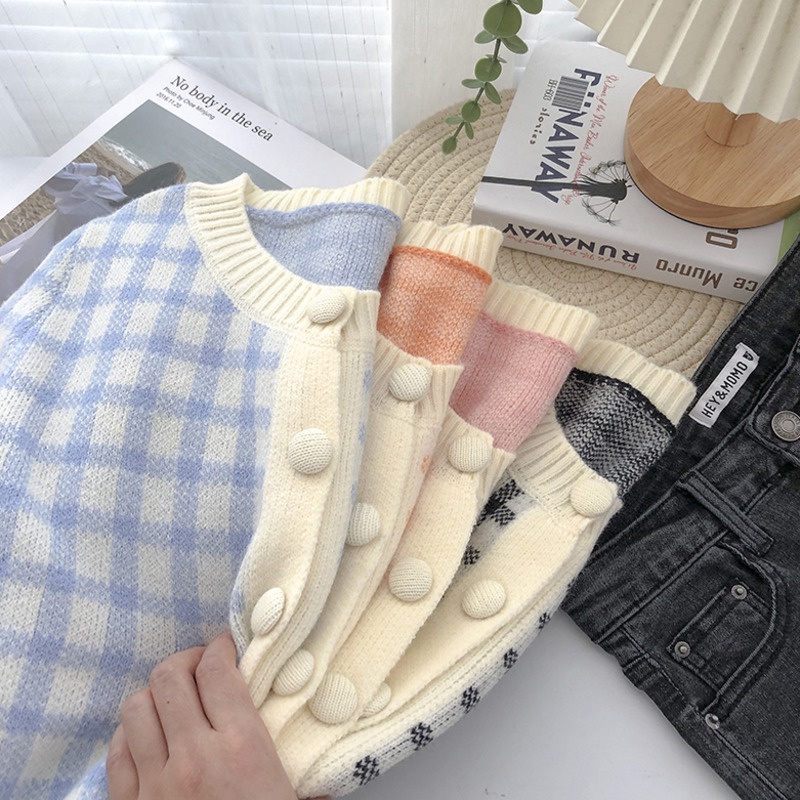 Áo Cardigan Dệt Kim Tay Dài Cổ Tròn Phối Hàng Nút Đơn Phong Cách Retro Hàn Quốc