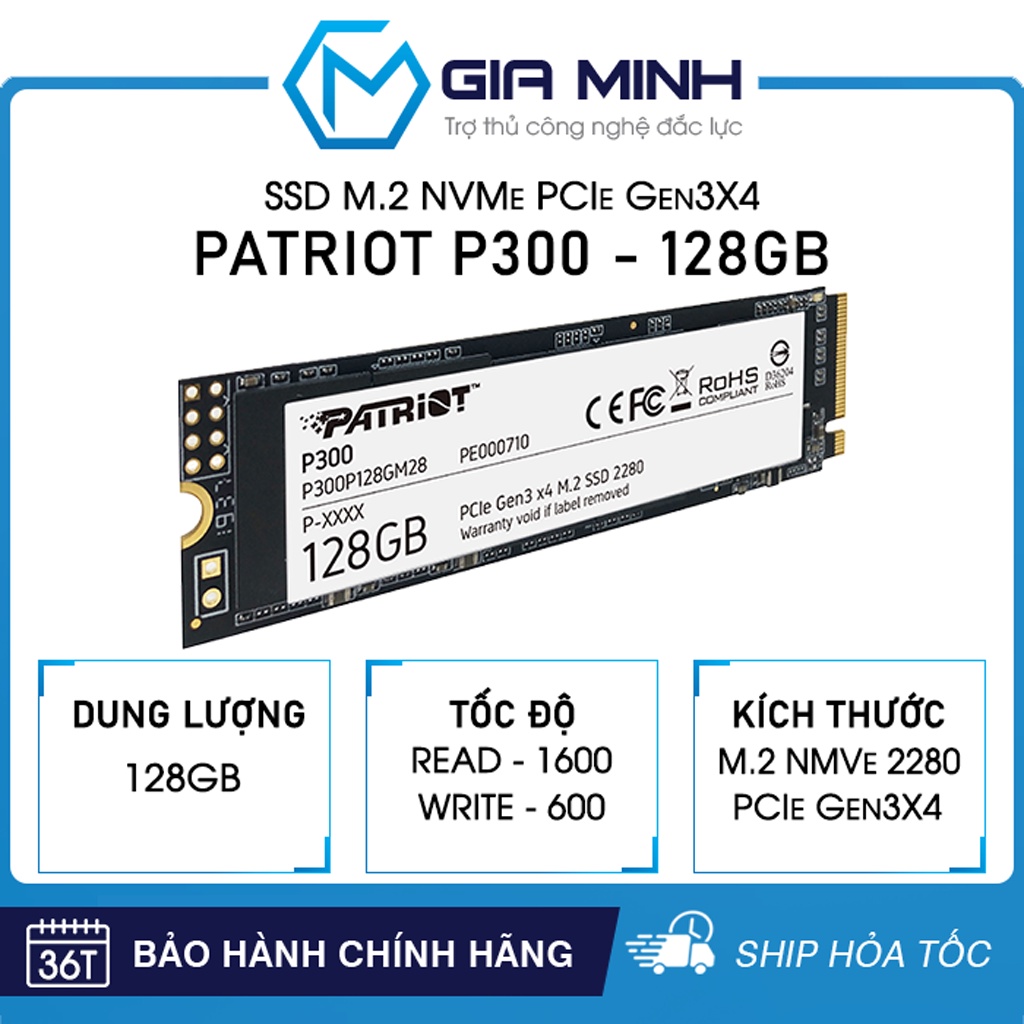 Ổ Cứng SSD Patriot P300 128GB - M.2 2280 NVMe PCIe Gen3x4 - Bảo Hành 36 Tháng - Ship Hoả Tốc