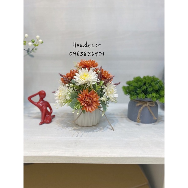 Chậu hoa giả, hoa lụa mini để bàn trang trí decor, làm quà tặng siêu đáng yêu