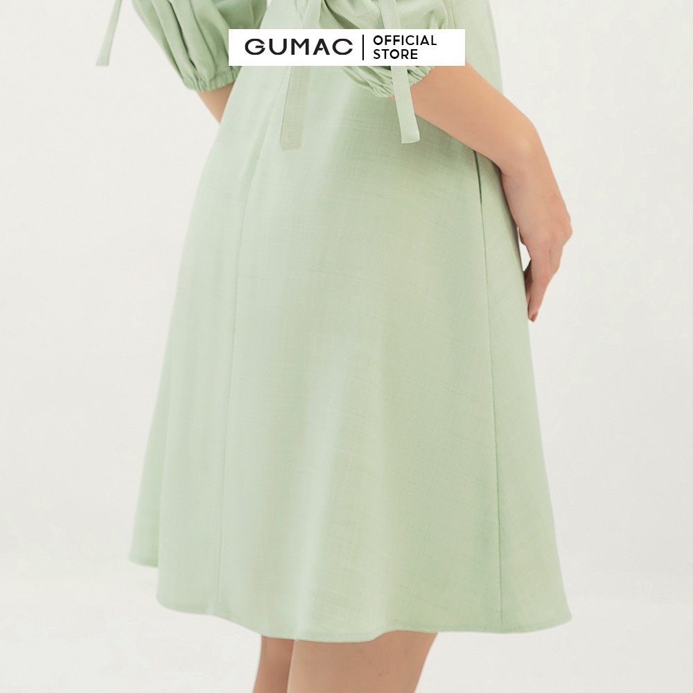 Đầm xòe nữ tay lỡ cổ vuông tay nơ GUMAC màu xanh trơn, trẻ trung, thanh lịch DB381 | BigBuy360 - bigbuy360.vn