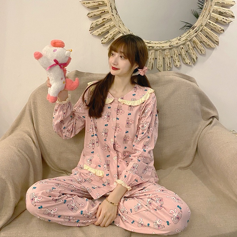 Bộ đồ ngủ nữ tay dài cổ bèo màu hồng hình thỏ bo chân chất thun cotton dễ thương | BigBuy360 - bigbuy360.vn