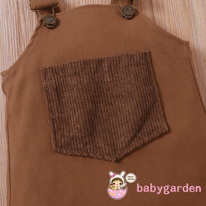 Bộ áo cổ tròn tay dài kiểu nhún bèo có nút gài phía dưới + váy yếm có túi phía trước + băng đô dành cho bé gái