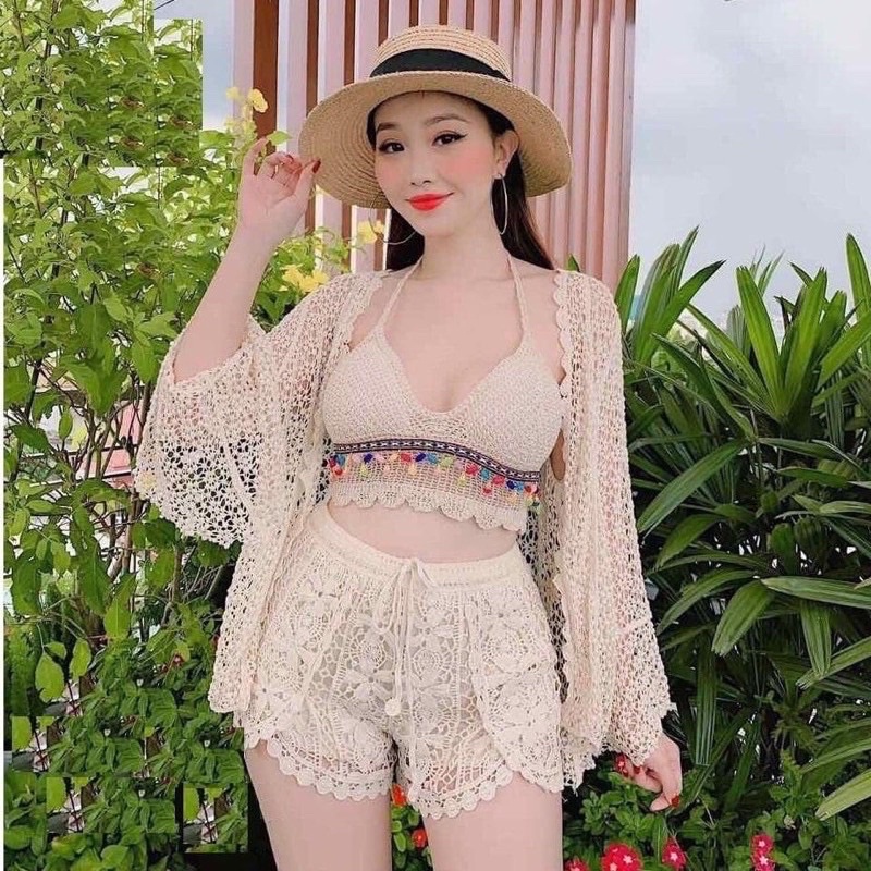 Ren 03-Sét Bikini đi biển 3 món áo bra hạt-quần sóc ren- choàng ren( có tách rời)