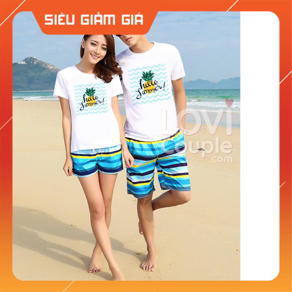 ÁO ĐÔI - Quần Đi Biển Nữ Hình Sọc Ngang Xanh - LoviCouple - Có FeedBack