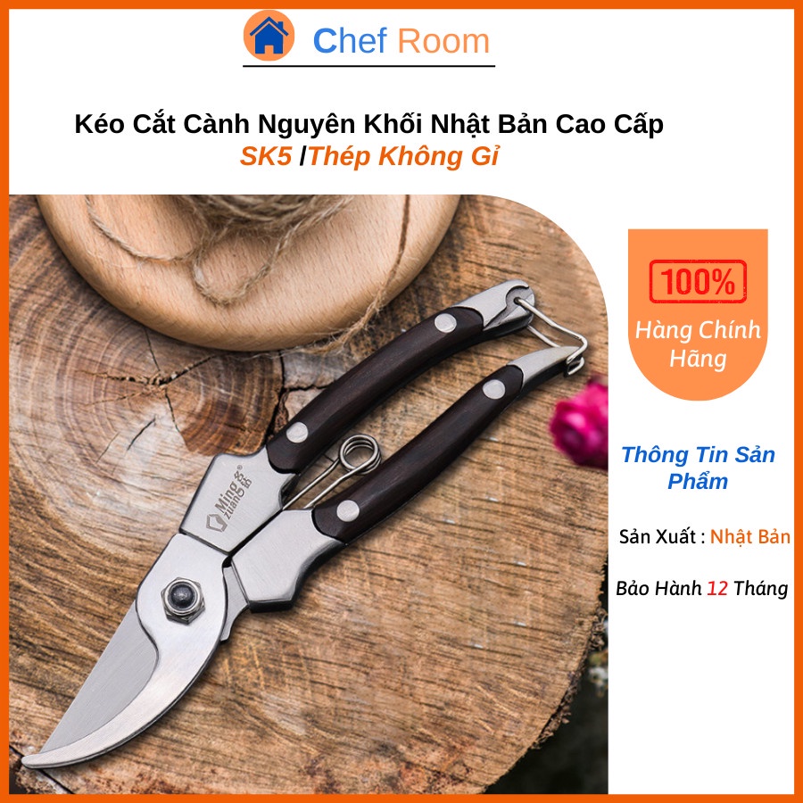 Kéo Cắt Tỉa Cành Nhật Bản MING ZUAN Tay Đúc Nguyên Khối Chất Liệu Thép Cao Cấp Không Gỉ Tay Cầm Gỗ Dùng Cho Làm Vườn