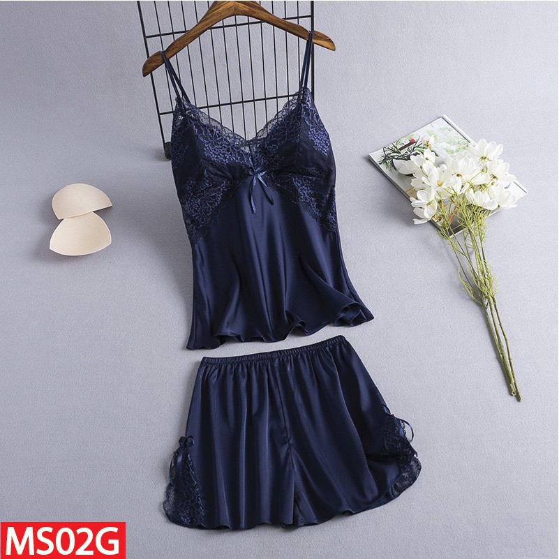 Bộ Đồ Ngủ Hai Dây Quần Cộc Lụa Satin Có Mút Ngực Đủ Size BODUIAS02AMK