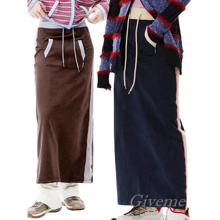 Chân Váy Dài Chữ A Lưng Thun Phối Túi Màu Sắc Tương Phản Phong Cách Cổ Điển Dành Cho Nữ