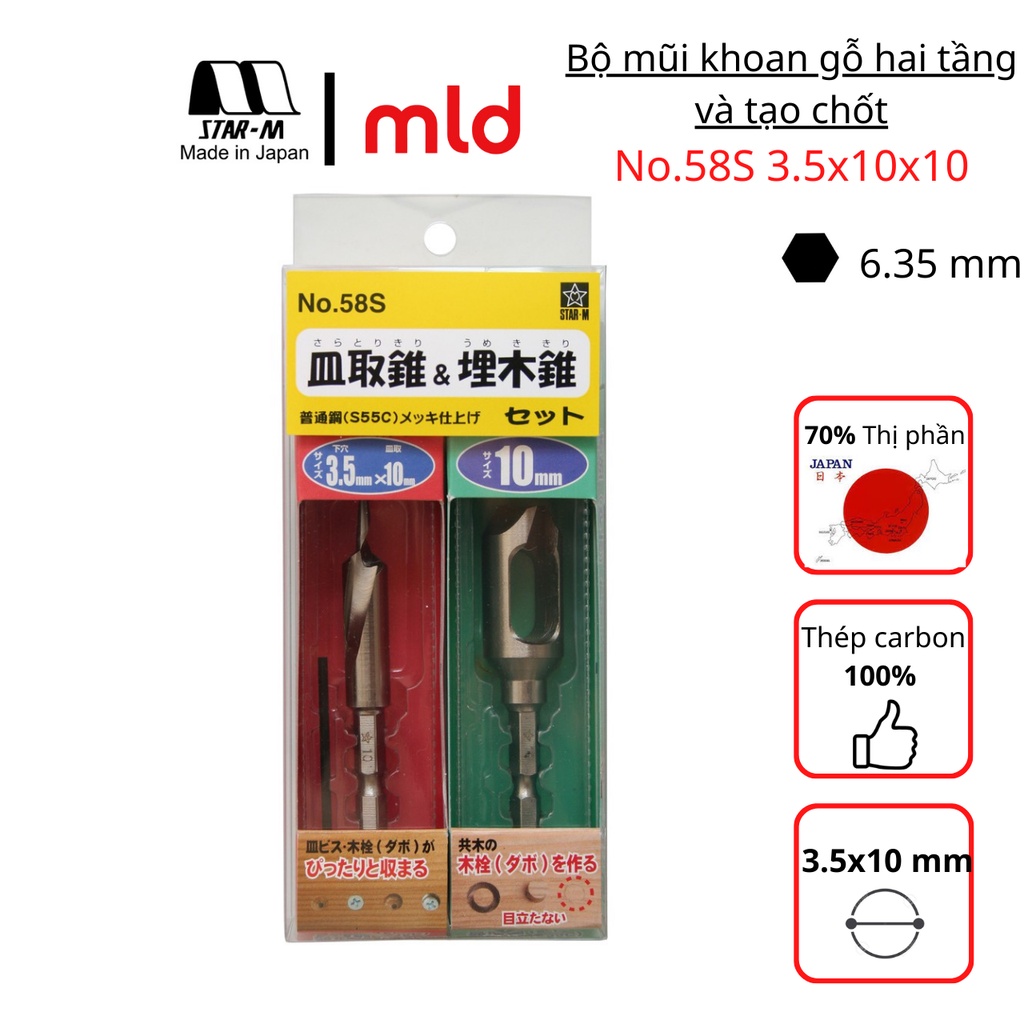 Mũi khoan gỗ hai tầng và tạo mộng Star-M, bằng thép carbon, No.58S-S3510 [MADE IN JAPAN]