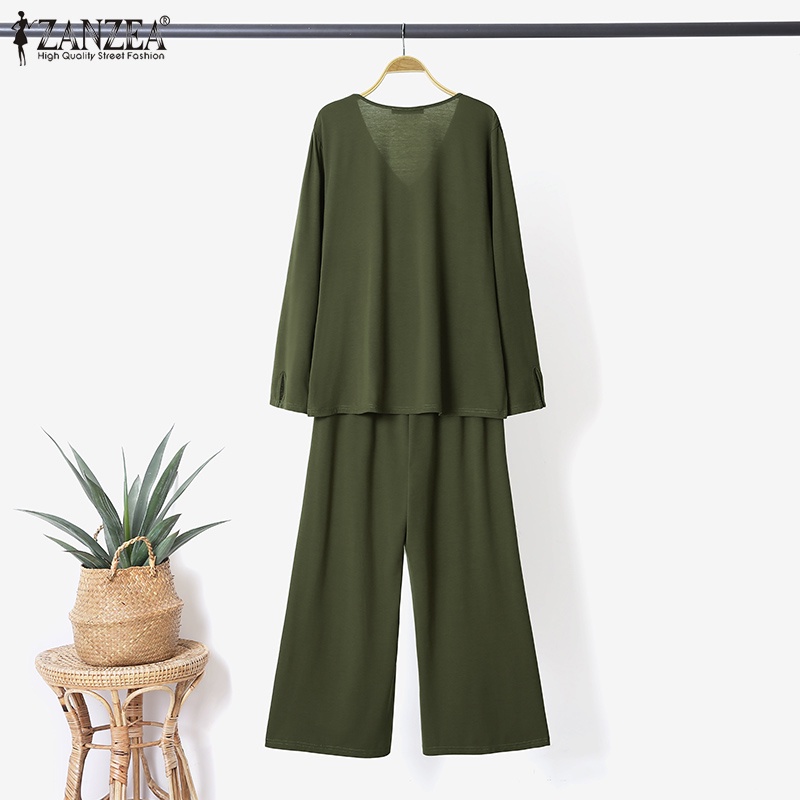 Zanzea Set Áo Cổ V Dài Tay + Quần ống rộng Thời Trang Nữ