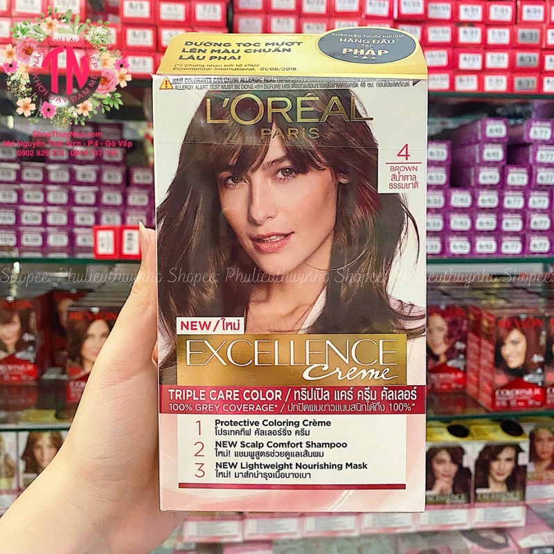 Thuốc nhuộm tóc,kem nhuộm tóc dưỡng tóc phủ bạc LOREAL Paris Excellence Crème số 4 Brown (Nâu Tự Nhiên)