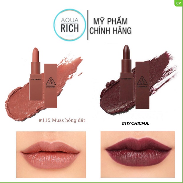 Son 3CE Mood Recipe Chicful ( đỏ mận) + Muss (hồng đất )