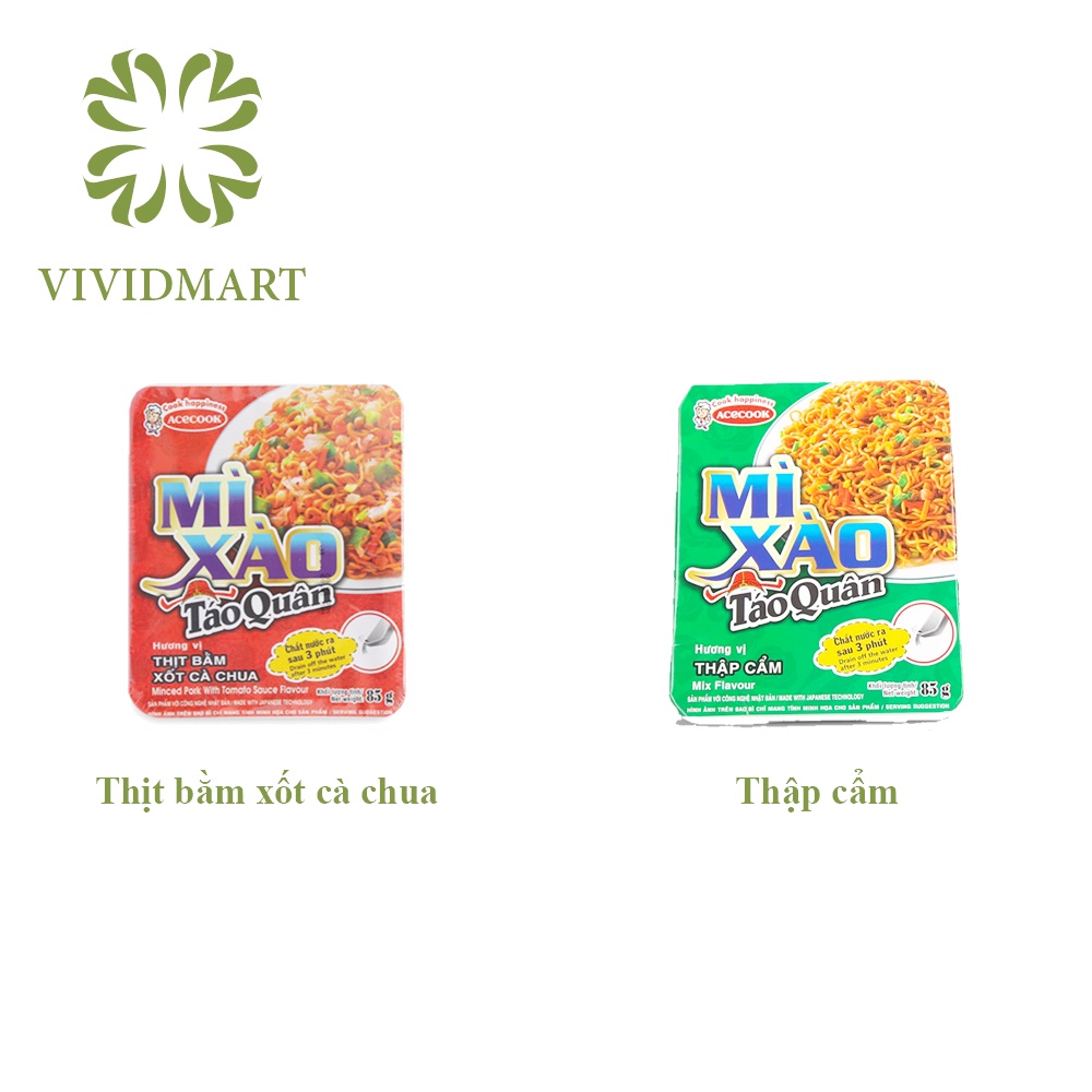 [Toàn quốc] [Hộp lẻ] MÌ XÀO TÁO QUÂN 2 VỊ: THỊT BẰM XỐT CÀ CHUA (SỐT CÀ CHUA) VÀ THẬP CẨM – KHAY 85G – ACECOOK