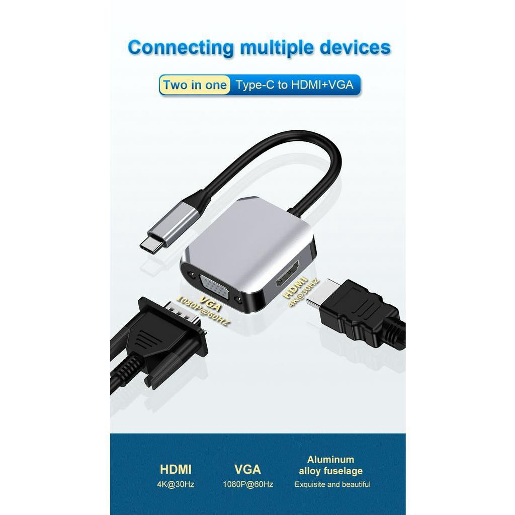 Trạm Sạc 2 Trong 1 Type-C Sang HDMI + VGA 4K Thunderbolt 3 Laptop