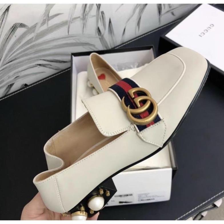Giầy Lười Gucci Gót Ngọc Trắng Đen