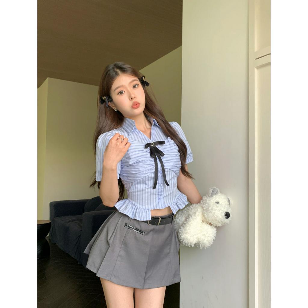 Bộ Áo Sơ Mi Thắt Nơ Eo + Chân Váy Xếp Ly Thời Trang Phong Cách Hàn Quốc Cho Nữ