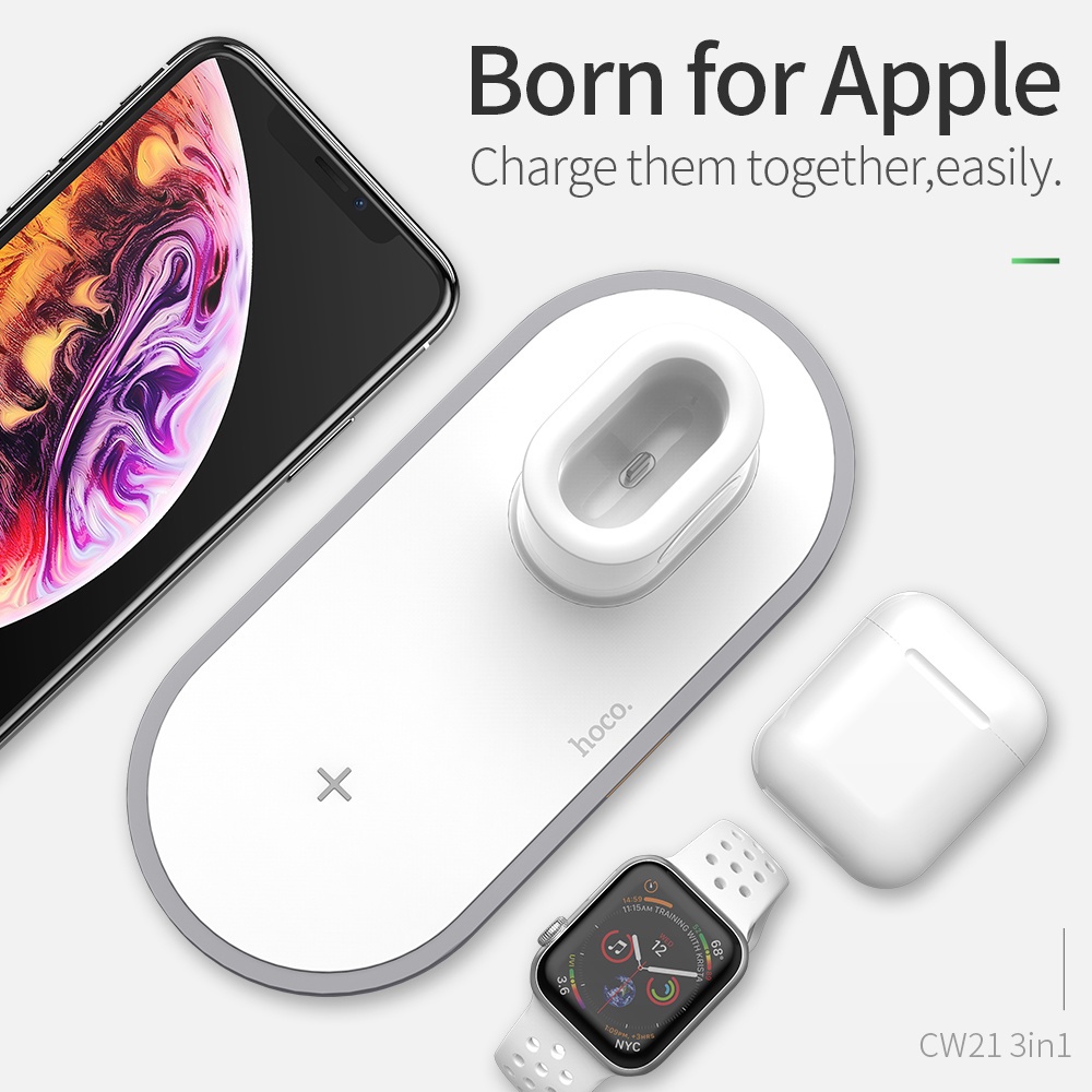 Đế sạc nhanh HOCO. CW21 Qi không dây 3 trong 1 10W thích hợp cho iPhone 11 Pro X XS Max XR 4 3 2 Samsung S10