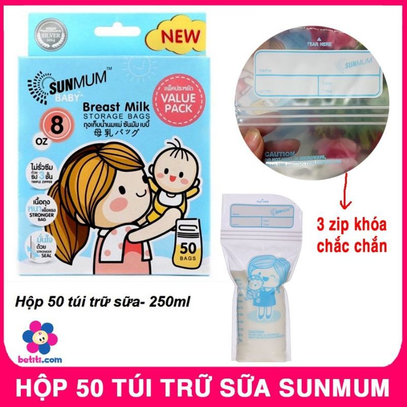 [ TẶNG 1 BÚT / ĐƠN HÀNG ] Hộp 50 Túi Trữ Sữa Sunmum Nhập Khẩu Thái Lan 3 Khóa Zip Chắc Chắn 100ml, 150ml, 250ml