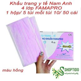 Chính Hãng-Khẩu trang y tê 4 lớp kháng khuẩn cao cấp màu hồng Nam Anh famapro hộp 50 cái