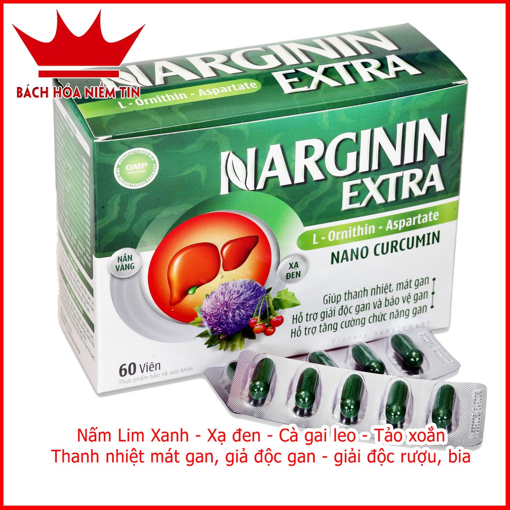 Viên uống NARGININ - Nano curcumin, Nấm Lim xanh, xạ đen, cà gai leo - Giúp thanh nhiệt, giải độc gan hiệu quả - Hộp 60