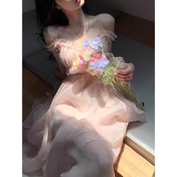 SẴN🖤Đầm voan công chúa bèo tầng đi biển sống ảo nàng thơ màu hồng ngọt ngào/Váy trễ vai cổ tích bồng bềnh vintage