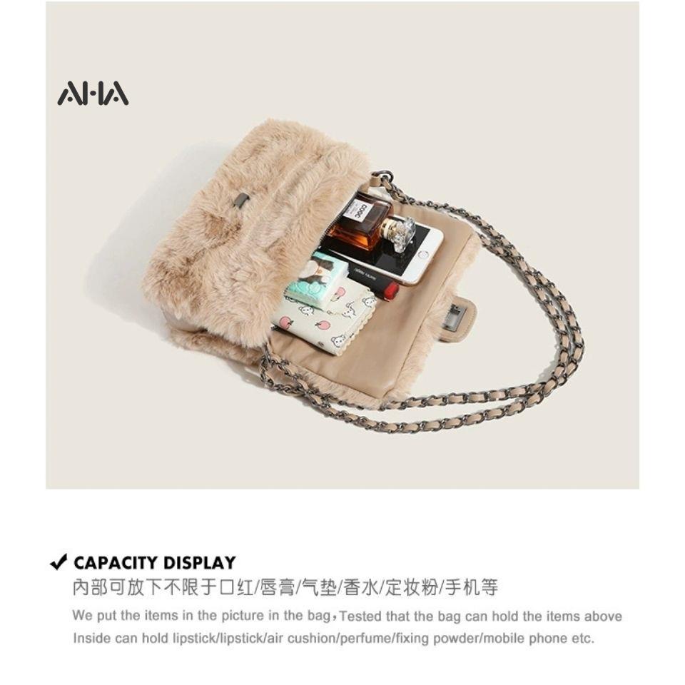 Túi xách đeo vai AHA official phủ bông phối dây xích đính đá thời trang sang trọng cho nữ