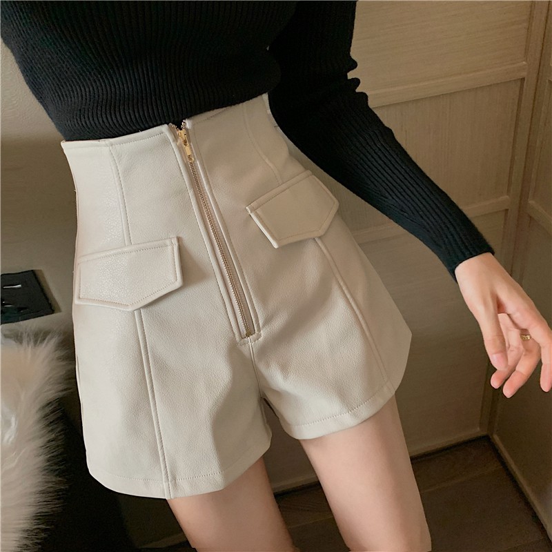 Quần shorts da cạp cao kéo khóa , quần sooc da nữ hàng Quảng Châu