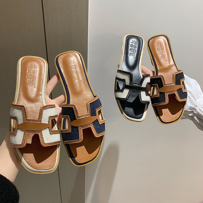 Oeggeo shop Dép Lười Denim Đế Phẳng Khâu Đường May Cho Nữ