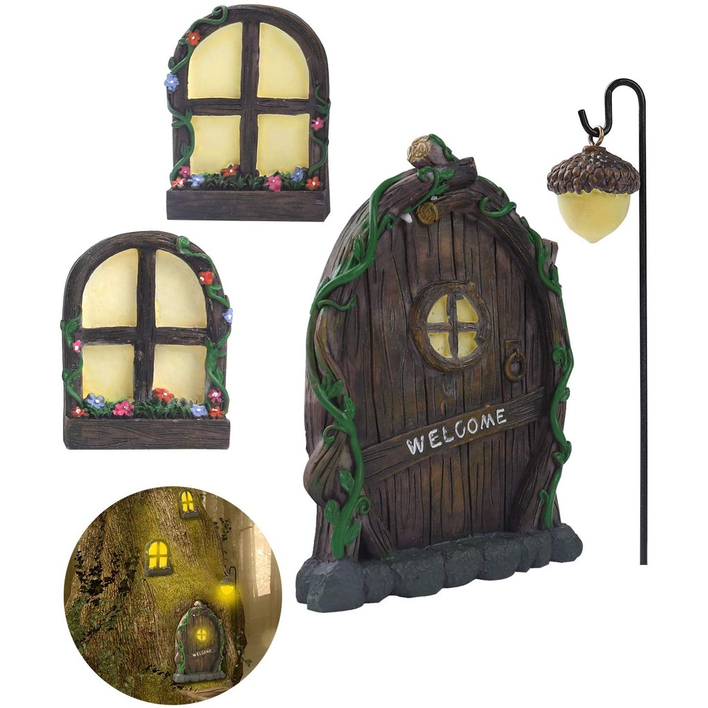 Fairy Door and Window Tree Decor Garden Decoration Luminous Yard Art Outdoor Resin Pendant for Kids