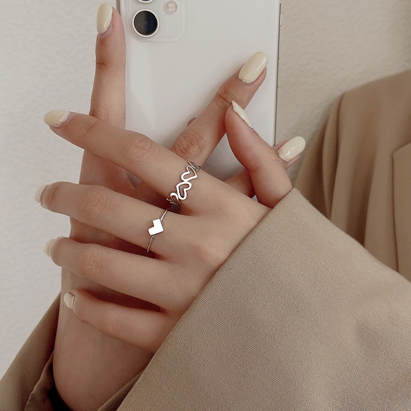 ✨✨Nhẫn 2 Pcs Fashion Heart Silver Finger Ring Simple Hollow Adjustable Party Rings for Women Gorl Jewelry Gift