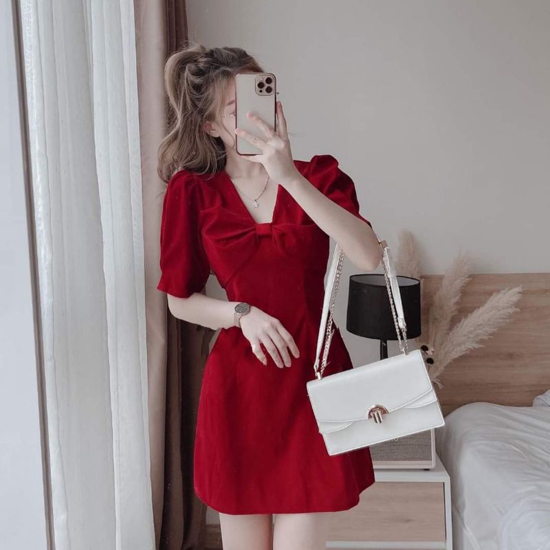 Đầm đỏ đi chơi tết, đầm nhung đỏ siêu sang Nobe Dress