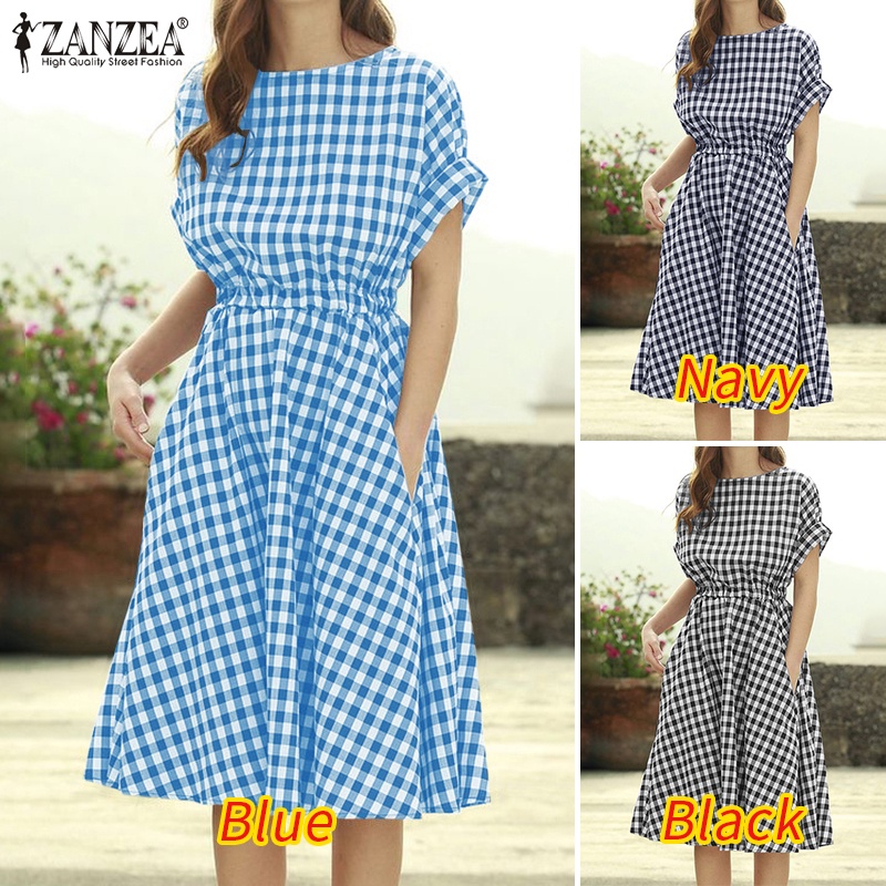 Đầm xòe ZANZEA ngắn tay kẻ sọc caro thời trang cho nữ
