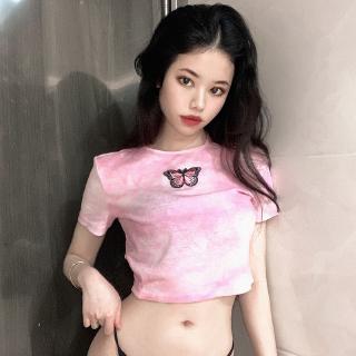 Áo croptop tay ngắn thêu hình bướm họa tiết nhuộm màu cho nữ