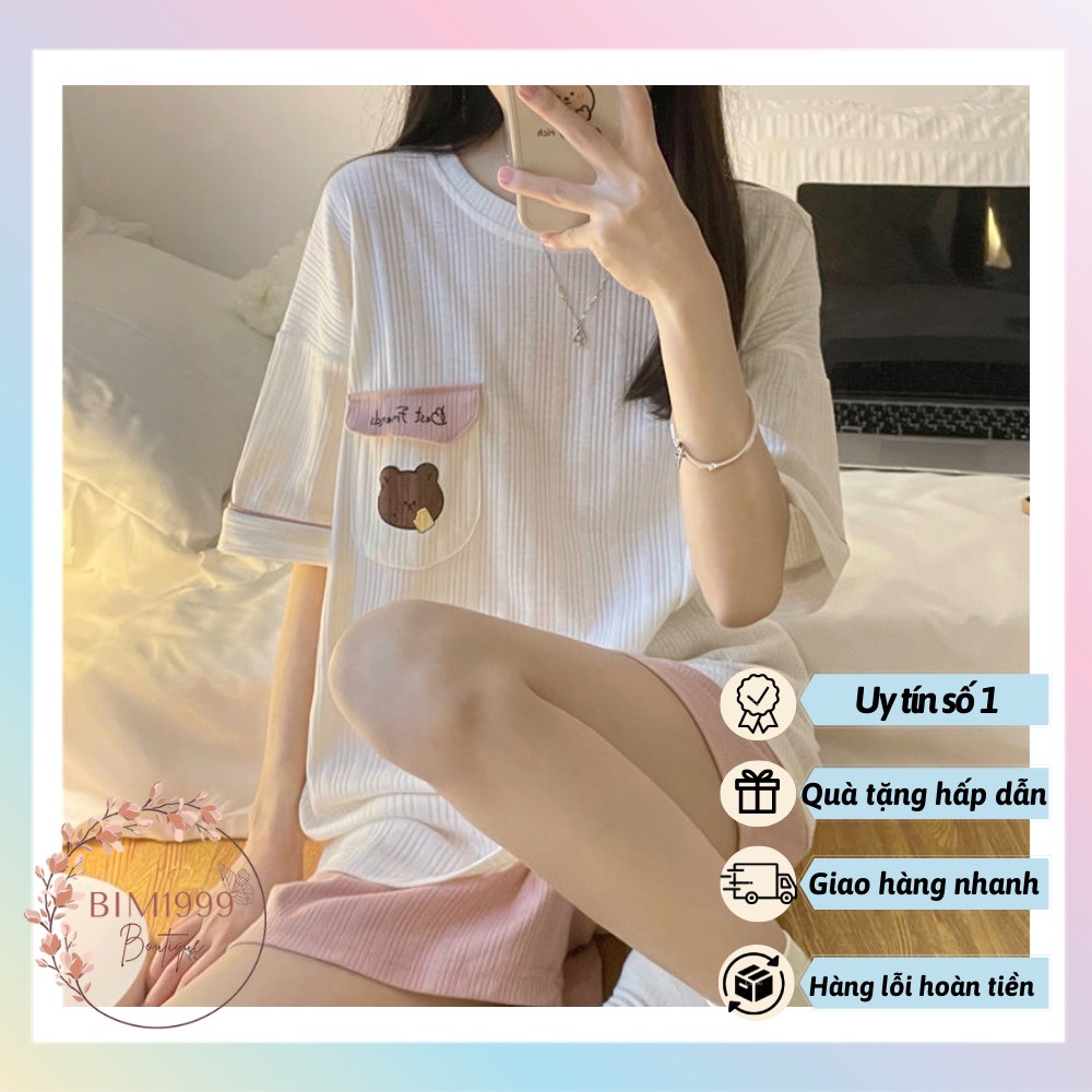 (Mẫu In) Bộ Mặc Nhà Bộ Đồ Cotton Gân Trẻ Trung Siêu Hót 2022 Túi Gấu Mẫu In