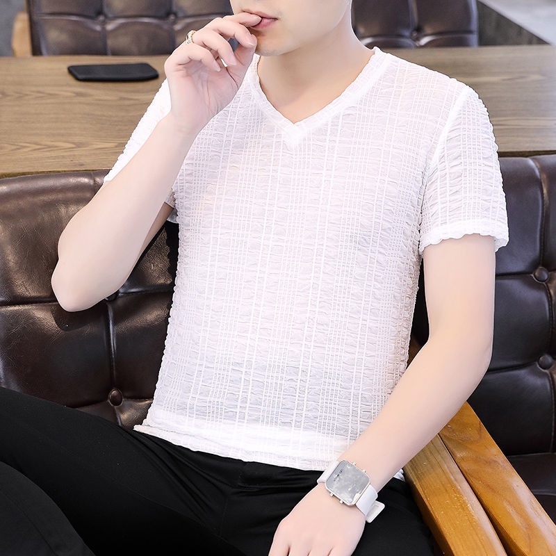 Áo Thun Tay Ngắn Cổ Chữ V Phối Lưới Siêu Mỏng Thời Trang Mùa Hè Cho Nam