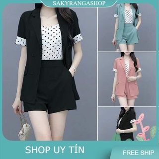Hàng nhập - sét bộ short 3 món : áo khoác vest + áo 2 dây trong + quần short