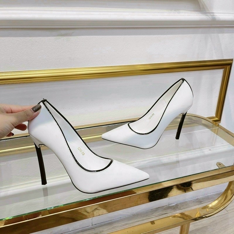 Giày cao gót Ngọc Trinh trắng viền đen gót đen 9p hàng hot