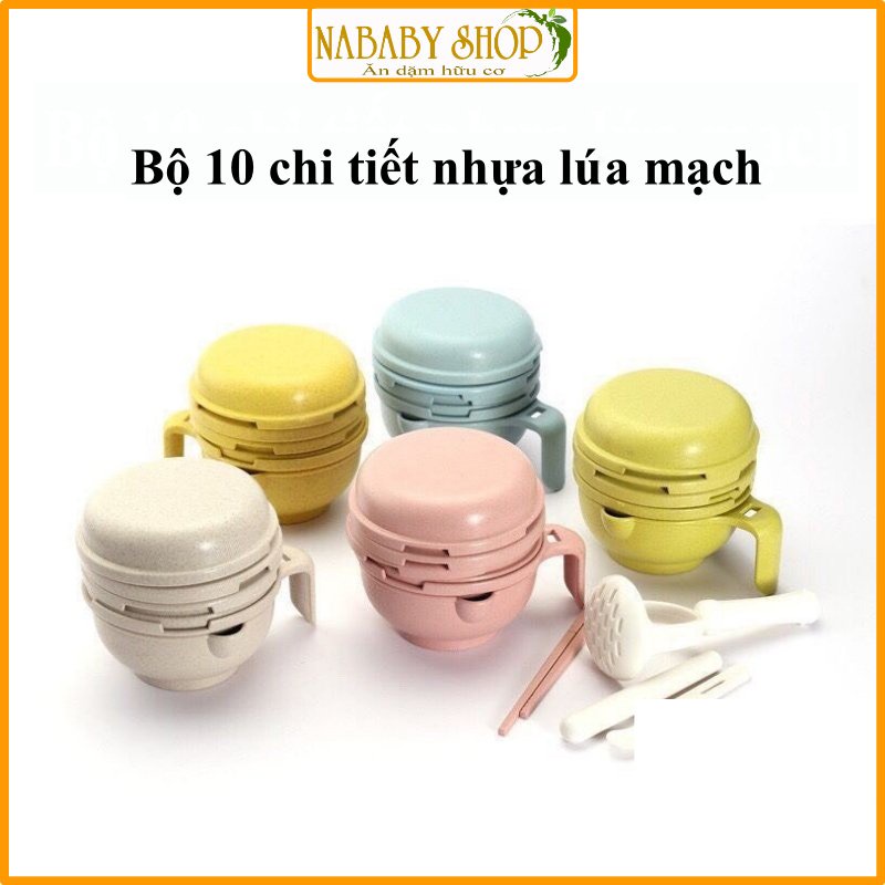 Bộ dụng cụ chế biến nghiền thức ăn NHỰA LÚA MẠCH cho bé ăn dặm kiểu nhật 10 chi tiết