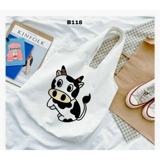 Túi Tote Vải Canvas Quai Tròn In Hình Bò Sữa Có Khóa Miệng Túi