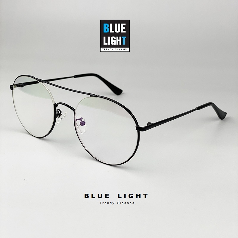 Gọng Kính Cận, Kính Giả Cận Nam Nữ, Mắt Tròn To Khung Ngang Gọng Kim Loại Đen Hàn Quốc - BLUE LIGHT