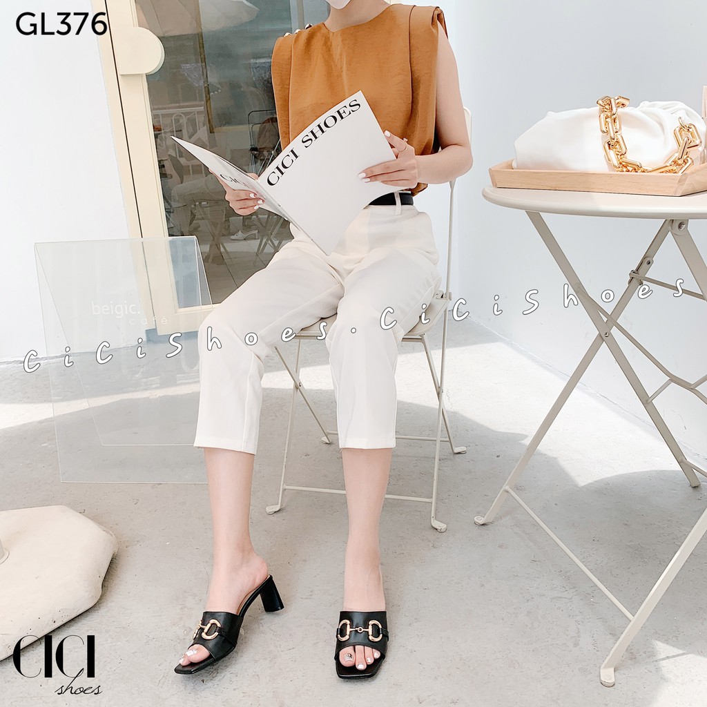 Giày cao gót nữ CiCi Shoes 5cm gót dẹt, guốc quai da lõm móc xích - GL376