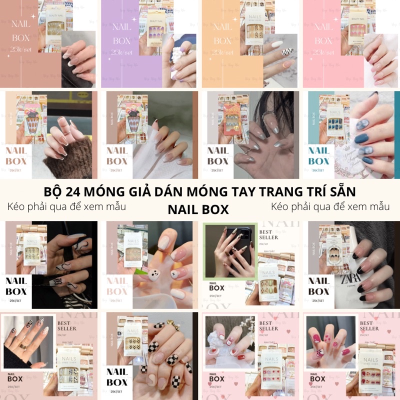 [SẴN] [MẪU 25K] Bộ 24 móng tay giả đủ size, đủ kích cỡ trang trí sẵn Nail Box dán móng tay nghệ thuật nail