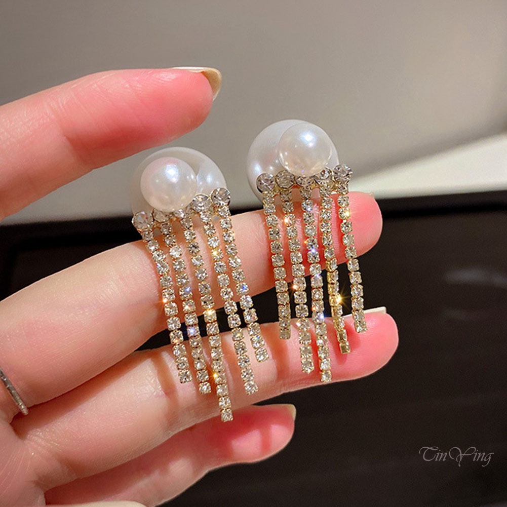 GETNOIVAS Bông Tai Mạ Bạc 925 Đính Đá Phối Tua Rua 2 Chiều Chống Dị Ứng Hợp Thời Trang