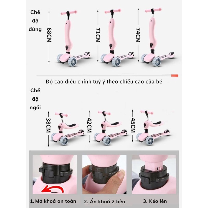 Xe Trượt Scooter Runbro Trẻ Em 2 Chế Độ 2 in 1 - Xe Chòi Chân Bánh Xe Có Đèn Cho Bé 1 Đến 8 Tuổi