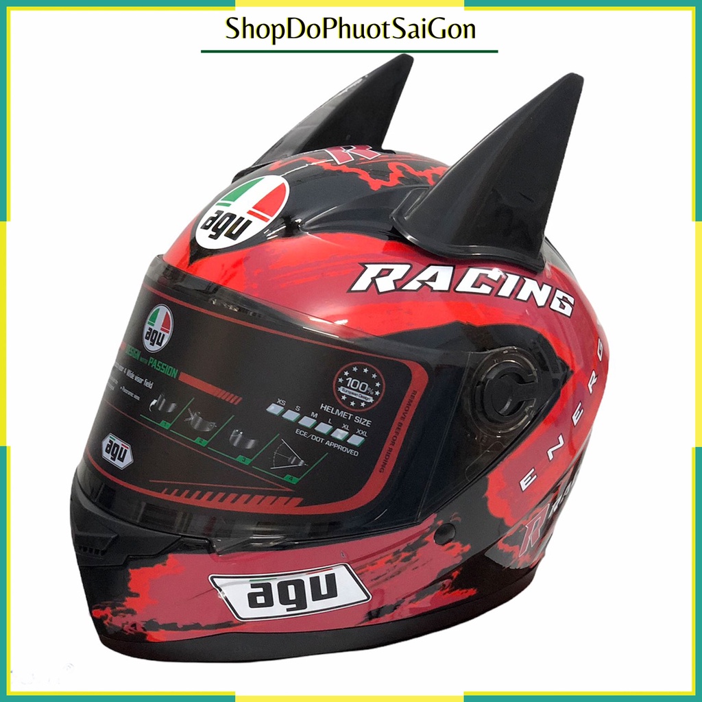 Mũ fullface AGU RACING đỏ gắn sừng batman - Nón bảo hiểm trùm đầu đi phượt