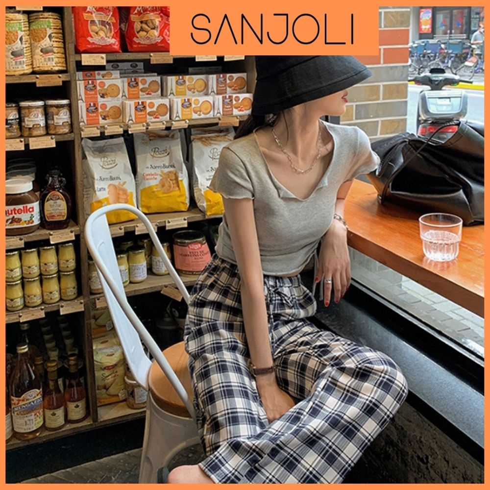 Áo Croptop Ôm Body SANJOLI Áo Kiểu Crt Sexy Nữ Tay Ngắn Cột Dây Đẹp Bánh Bèo Hàn Quốc AOE17