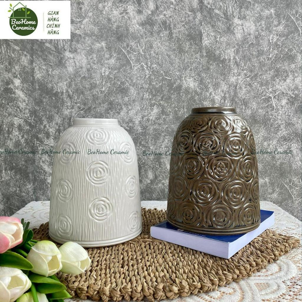 Bình hoa lọ hoa dáng chuông khắc hoa hồng Thủ công gốm sứ Bát tràng