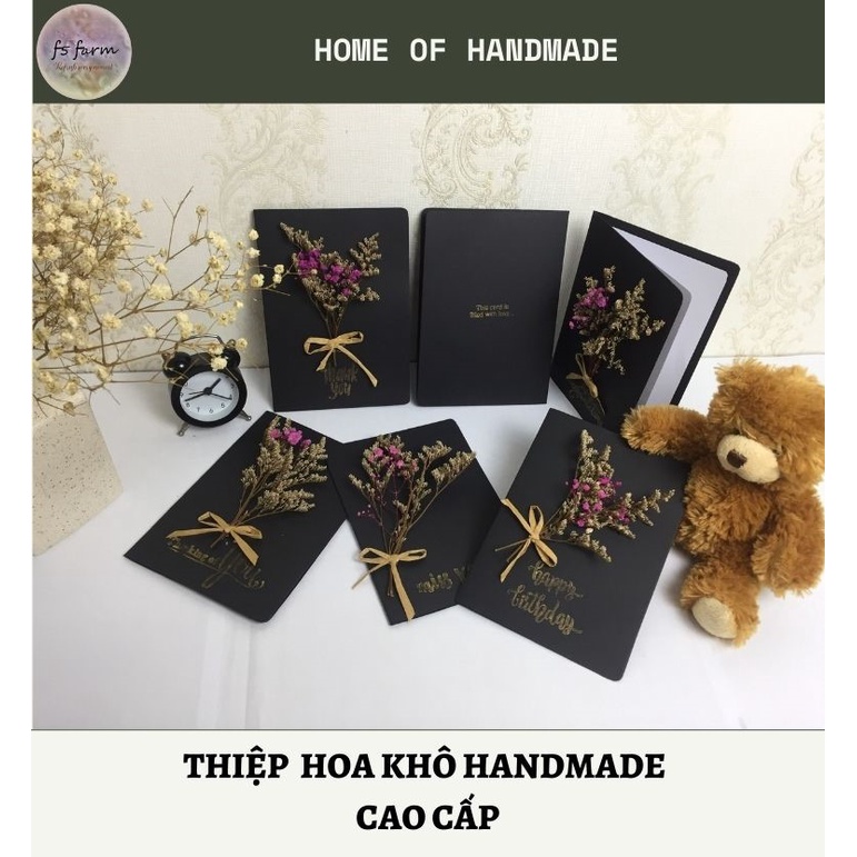 Thiệp hoa khô cao cấp handmade f5farm vintage, chúc mừng, cảm ơn, tặng 6gr xà bông rửa mặt trái tim trị giá 7K