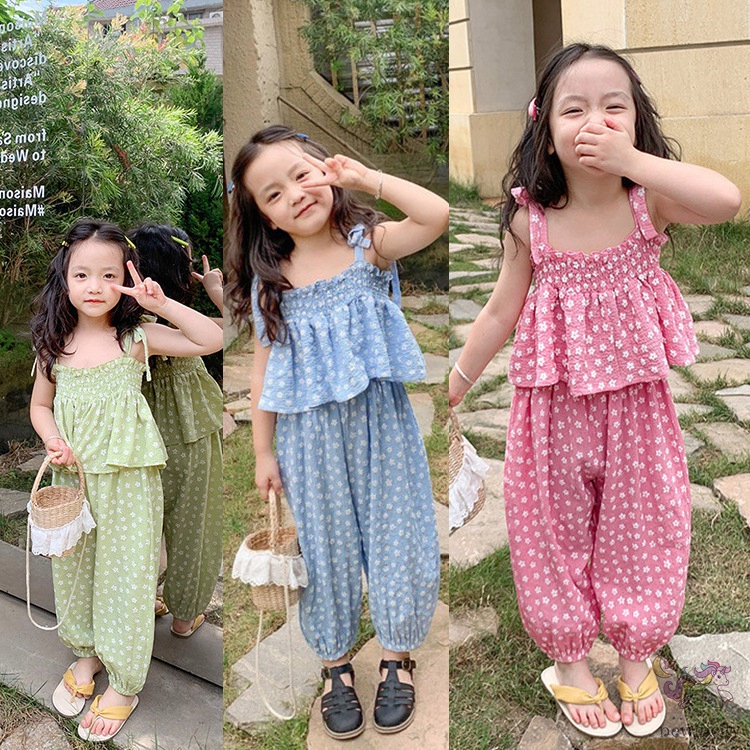 Bộ Áo Sát Nách In Hoa + Quần Dài Chống Muỗi Kiểu Hàn Quốc Dễ Thương Cho Bé Gái