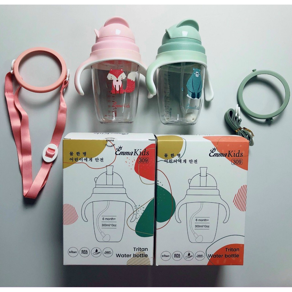 Bình Tập Uống Nước Có Tay Cầm Và Quai Đeo 240ml,300ml Chống Sặc Emma Kids cho Bé