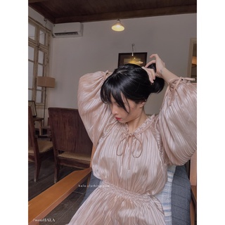 HALA Annie Dress - Váy lụa tơ kẻ eo chun